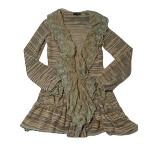 Anthropologie Ryu Tan Green Sweater Coat Cardigan Ruffles Lace Romantic Medium